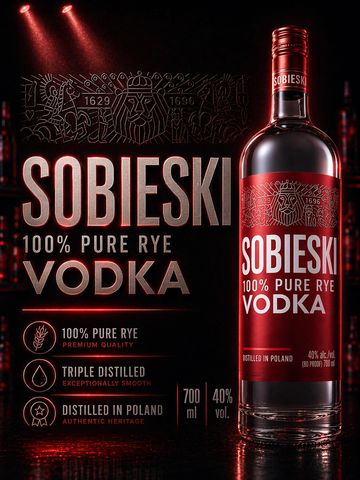 Bottle of Sobieski 100% Pure Rye Vodka with detailed branding and quality highlights.