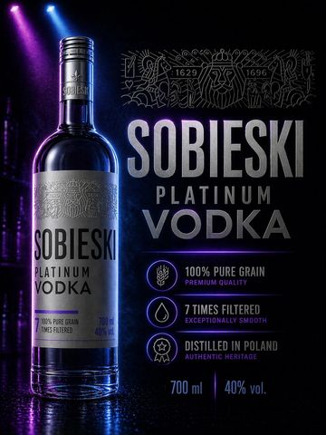 Sobieski Platinum Vodka bottle with highlighted premium qualities and Polish heritage.