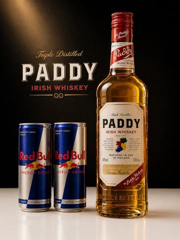 Bottle of Paddy Irish Whiskey with two Red Bull cans.