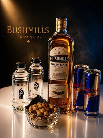 A bottle of Bushmills whiskey with mixers and snacks.