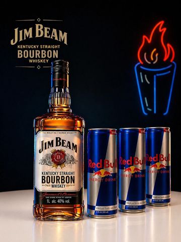 Bottle of Jim Beam bourbon whiskey with three Red Bull energy drink cans.