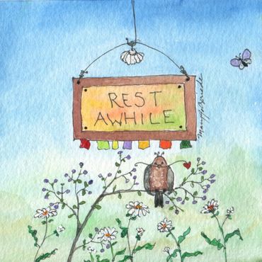 Tiny Art -"Rest Awhile" by Mary Jo Oxrieder. 4" X 4" on board.