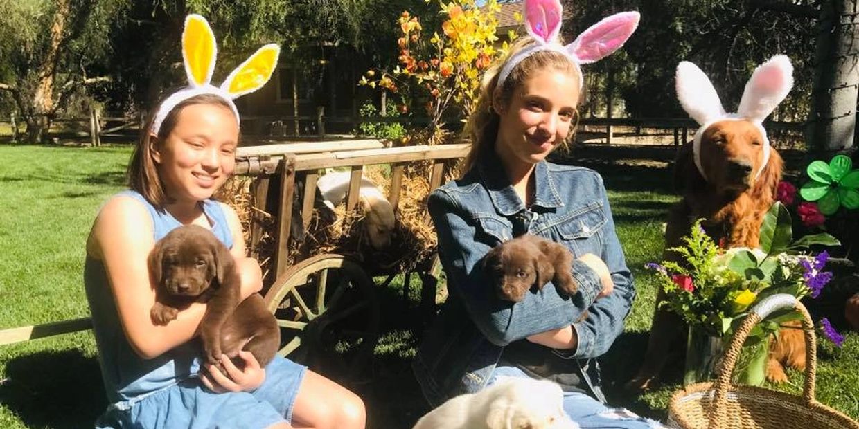 Two girls and a dog wearing bunny ears, holding puppies outdoors.