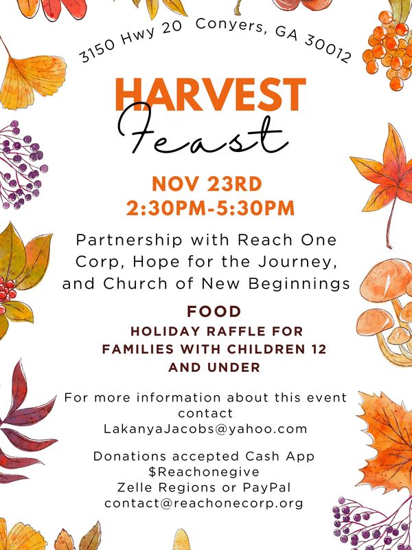 Flyer for a Harvest Feast event on Nov 23rd in Conyers, GA with food and raffle for families.