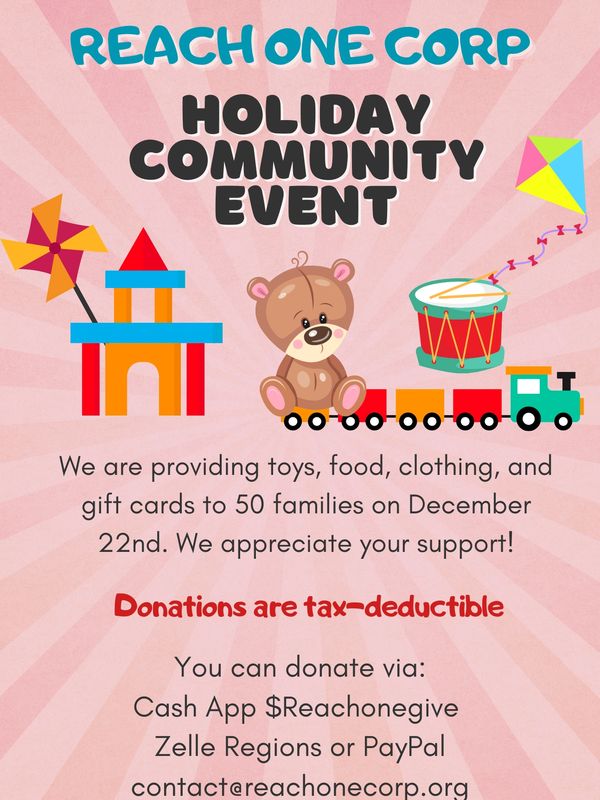 Reach One Corp holiday event providing toys, food, clothing to families with donation options.