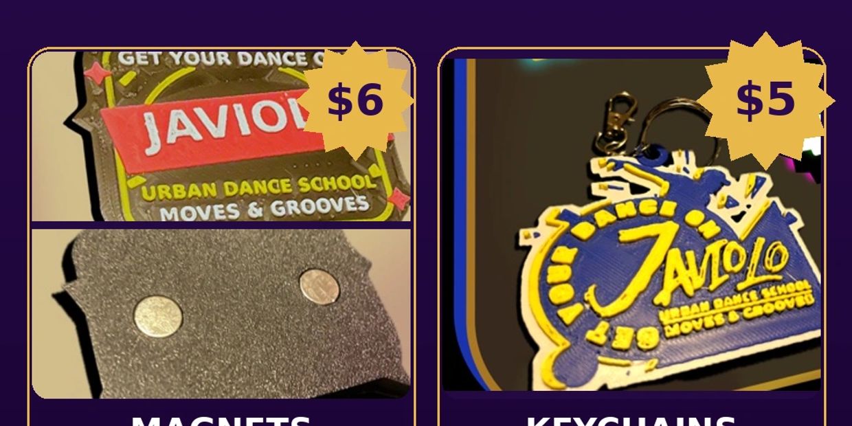Purple promo graphic showing JAVIOLO magnet and keychain with prices