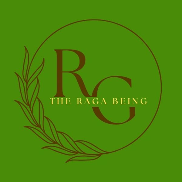 Logo with stylized RG and text 'THE RAGA BEING' on green background.