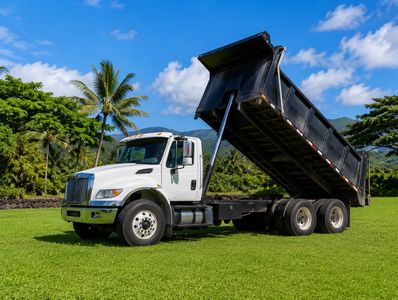 White dump truck with raised bed on green grass under blue sky.