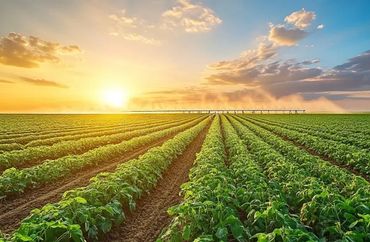 Sunset over a vast, green agricultural field with rows of crops.
