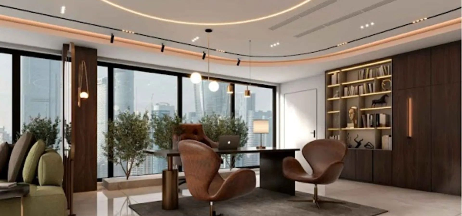 Luxury office fit-out in Abu Dhabi with modern ceiling lighting and premium workspace design