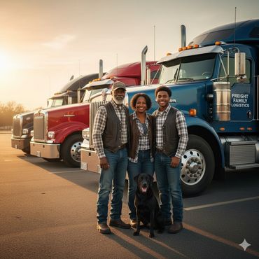 Three truck drivers and a black dog standing in front of colorful trucks at sunset.