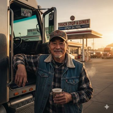 Smiling truck driver enjoying a warm coffee at a truck stop diner during sunrise.