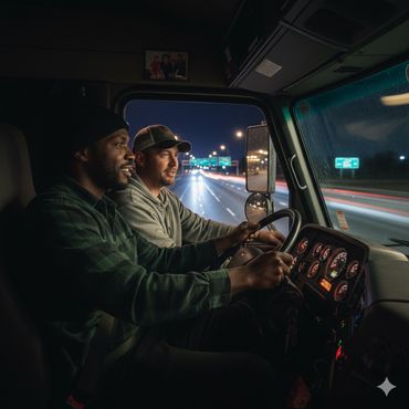 Two men driving a truck together at night on a highway.