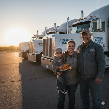 A family of truck drivers stands smiling in front of their Freight Family trucks at sunset.