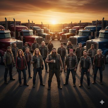 Group of truckers standing confidently in front of semi-trucks at sunset.