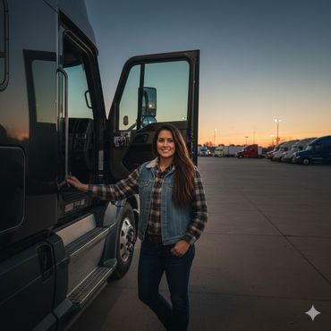 Woman standing by a truck at sunset, smiling confidently.