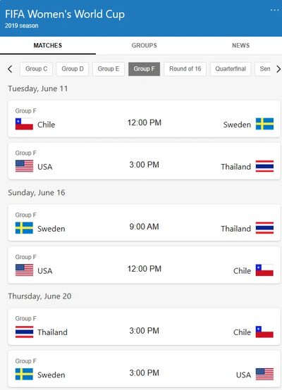 2019 USA Women's World Cup Schedule

USA Women's Soccer World Cup Game Schedule on television TV