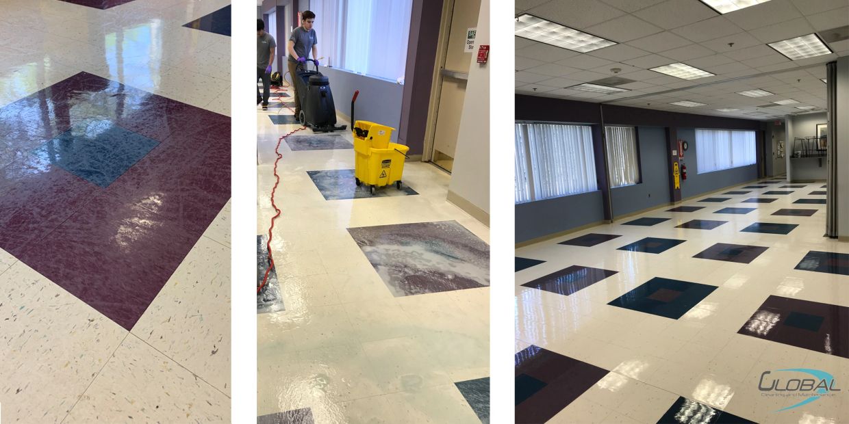 Floor cleaning process showing before, during, and after stages.