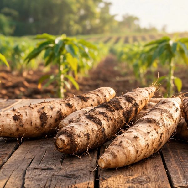 Freshly harvested cassava roots on a wooden surface with a field in the background.