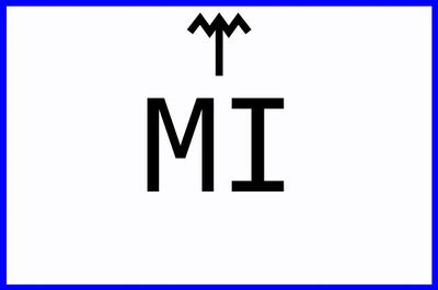 Black arrows and letters MI on white background with blue border.
