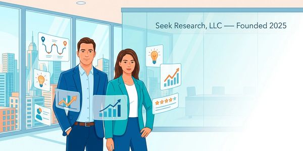 Two professionals stand confidently in an office with growth charts and data visuals around.