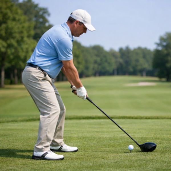 Man preparing to hit a golf ball on a golf course.