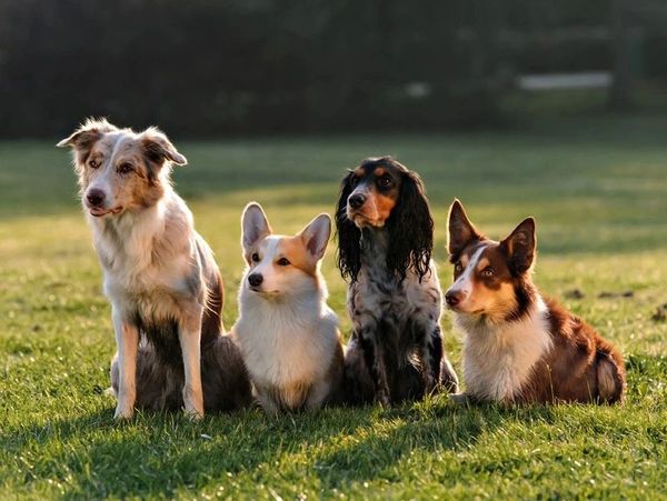 Four dogs sitting and looking at the trainer.