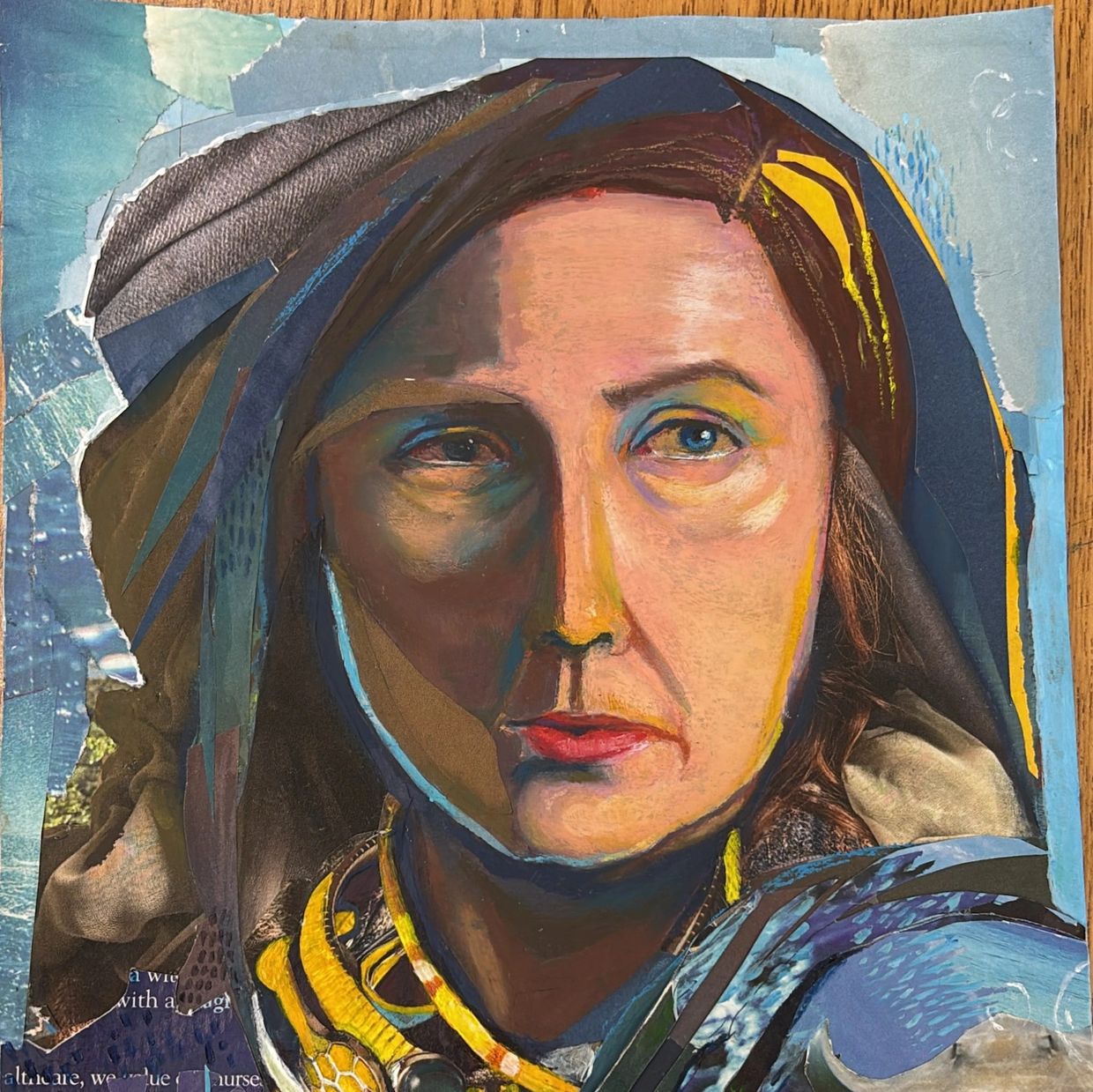 Mixed media portrait of a woman with layered textures and vibrant colors.