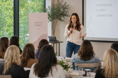 Woman giving a motivational speech to an audience.