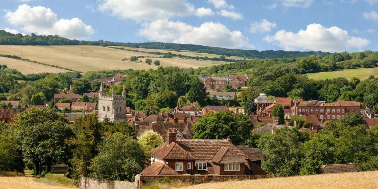 Amersham Buckinghamshire town view with countryside, houses and church in the Chiltern Hills