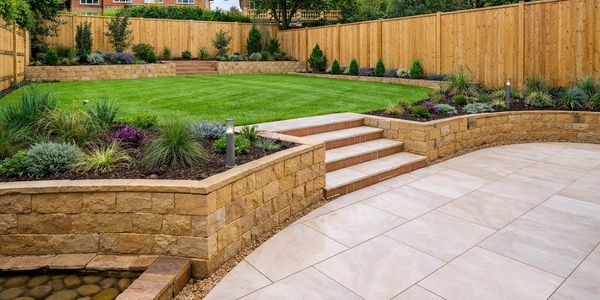 Complete garden transformation with porcelain patio, retaining walls and turfing