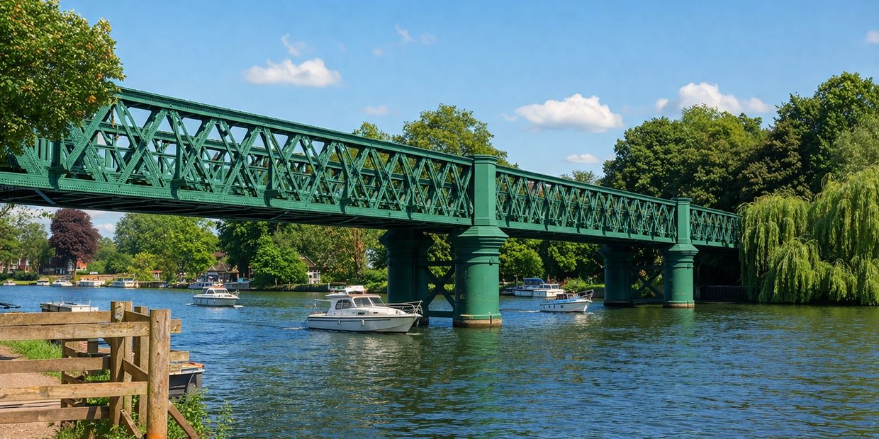 Green metal bridge over a river with boats and lush greenery.