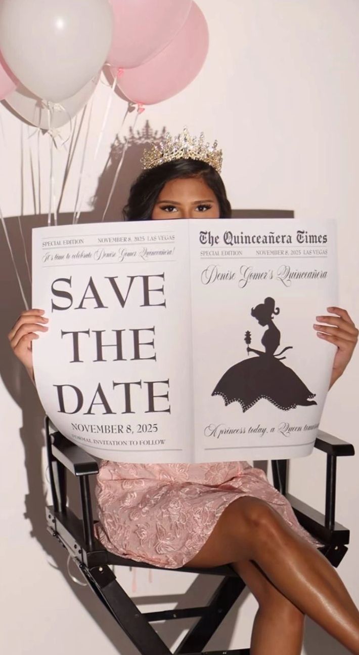 Young woman in a crown holding a quinceañera save-the-date newspaper.