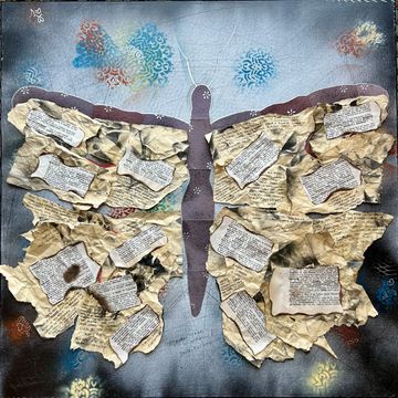 Cognitive Distortions is a 20x20" mixed media painting of a butterfly created with burnt paper.