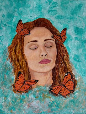 "Mariposa Reve: A Quiet Reflection" acrylic painting by Natalee Wright, artist and owner.