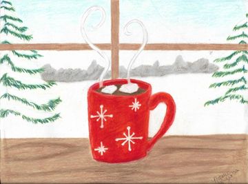 "Cocoa Time" colored pencil drawing by Natalee Wright, artist and owner.