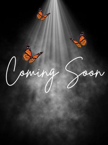 Coming soon text with butterflies under a spotlight.