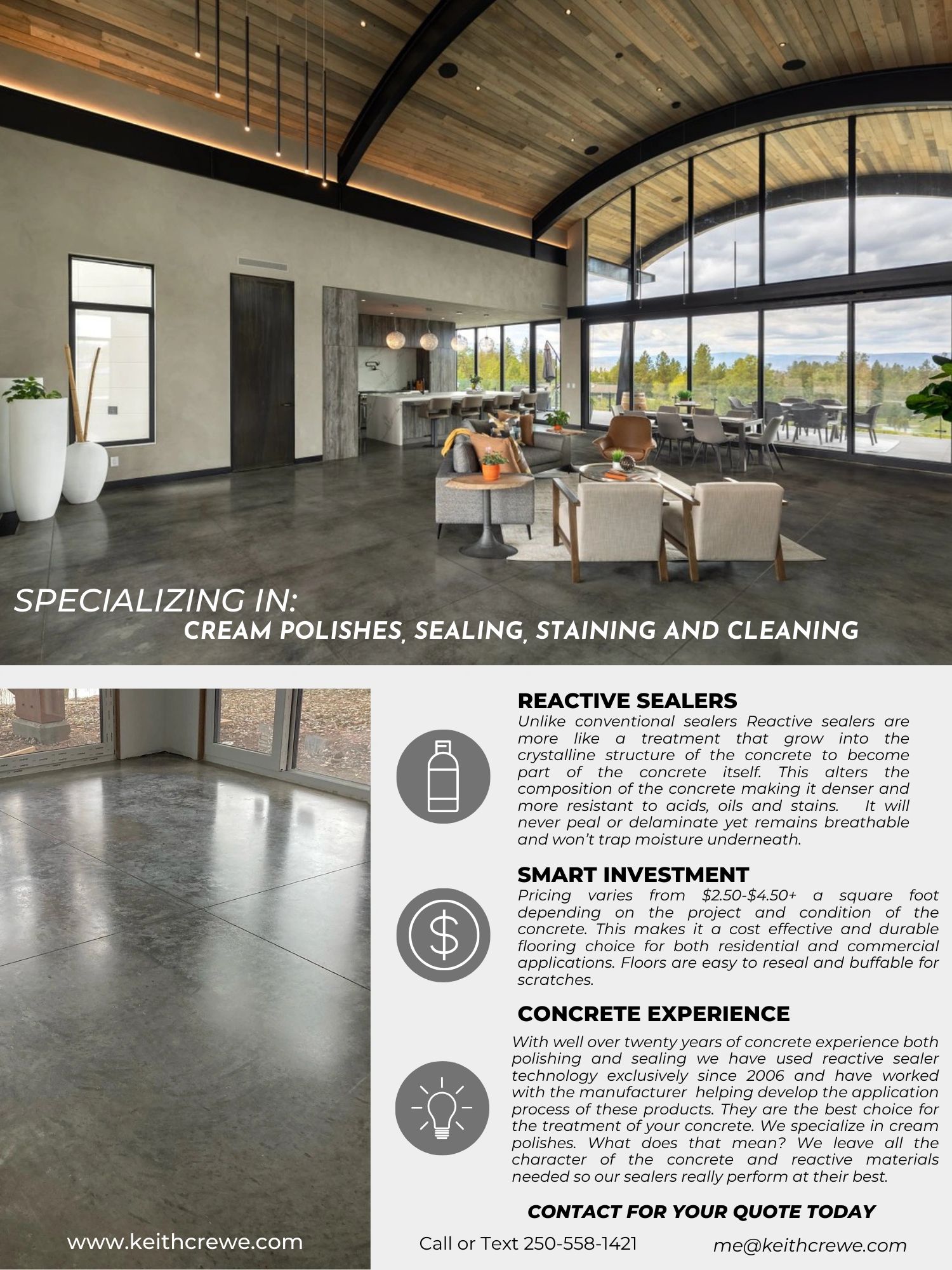 polished concrete floors, reactive sealers, staining, cleaning, Okanagan bc