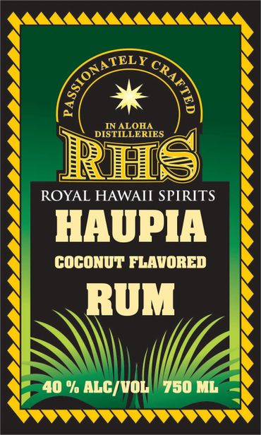 Haupia Coconut Flavored Rum 40% abv, 750 ml nordic bottle and Design By Daga Hawaii