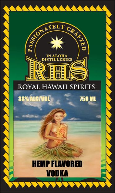 Hemp Flavored Vodka with Hula Girl on the Beach Painting made for Royal Hawaii Spirits