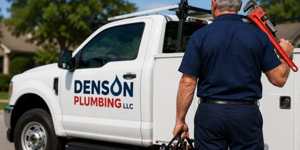 Plumber walks toward a Denson Plumbing truck with tools.