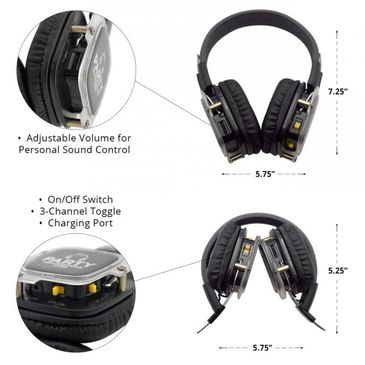 Black wireless headphones with adjustable volume, on/off switch, and 3-channel toggle.