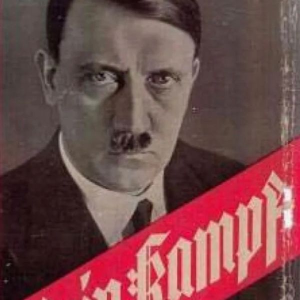 Cover of Mein Kampf book with Adolf Hitler's image.