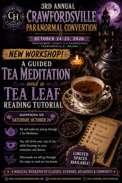 Flyer for Crawfordsville Paranormal Convention's tea meditation workshop.