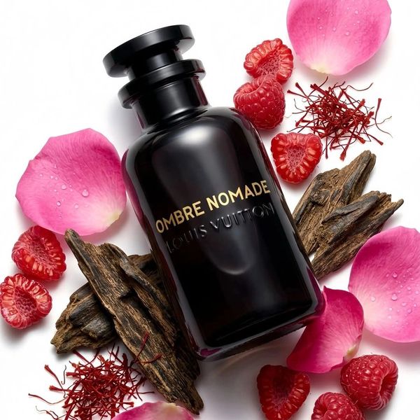 Louis Vuitton Ombre Nomade perfume bottle surrounded by rose petals, raspberries, and wood.
