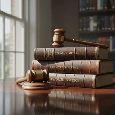 Stack of legal books with two wooden gavels on a polished desk.