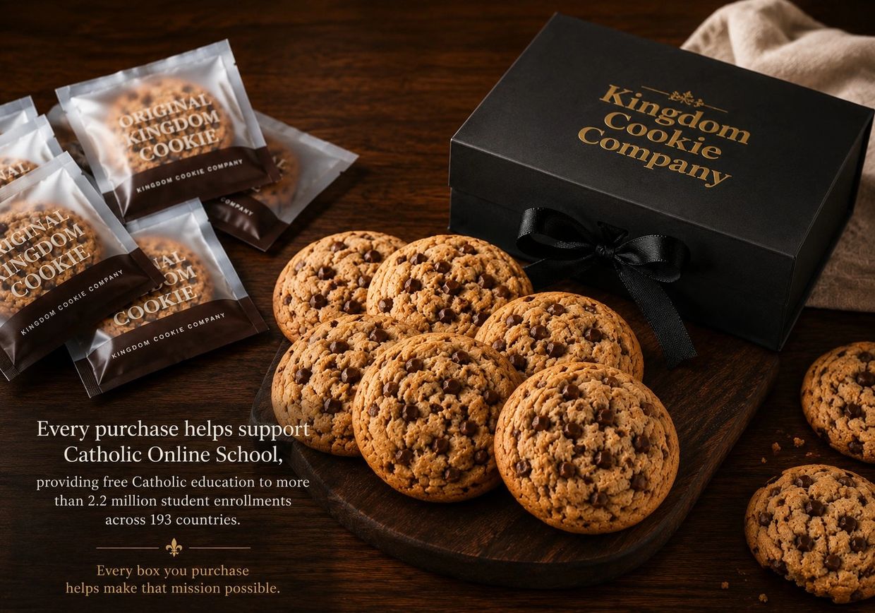 Cookies and packaging from Kingdom Cookie Company supporting Catholic Online School.