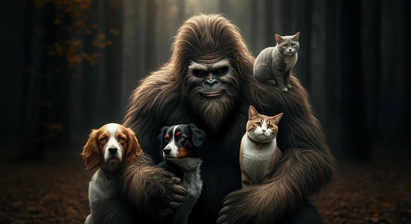 A friendly bigfoot with two dogs and two cats in a forest.