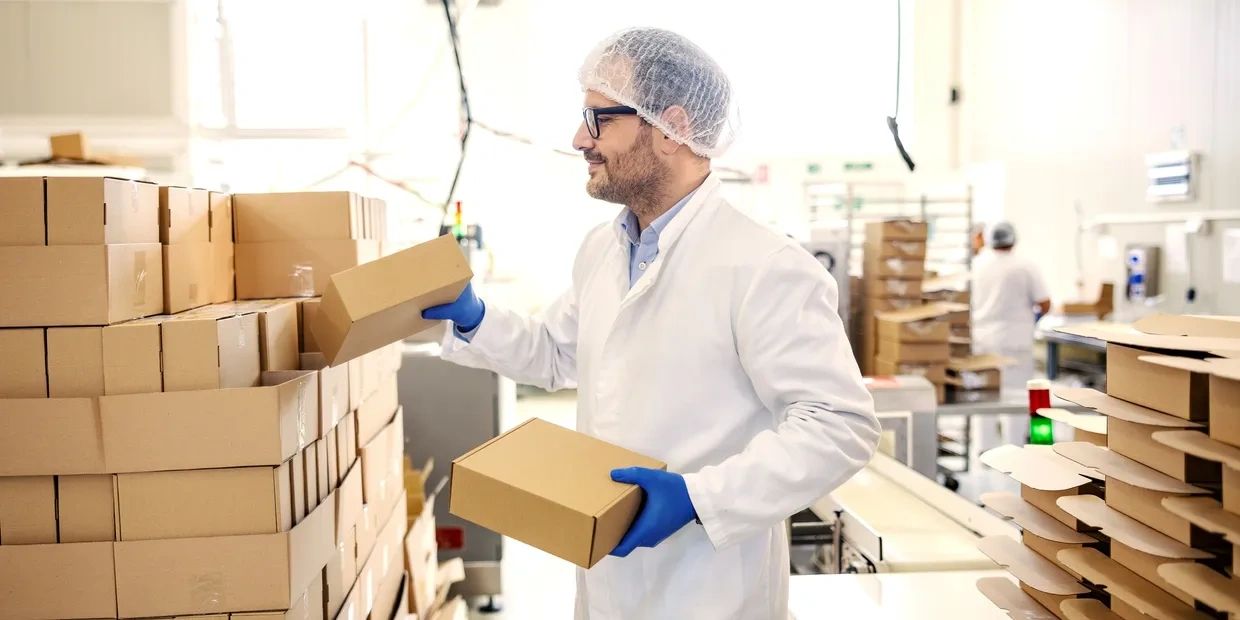 Worker organizing cardboard boxes in a clean packaging facility.