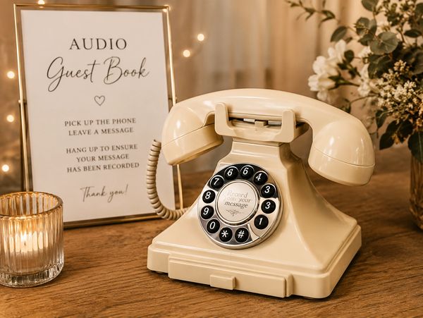 Vintage rotary phone set as an audio guest book at an event.